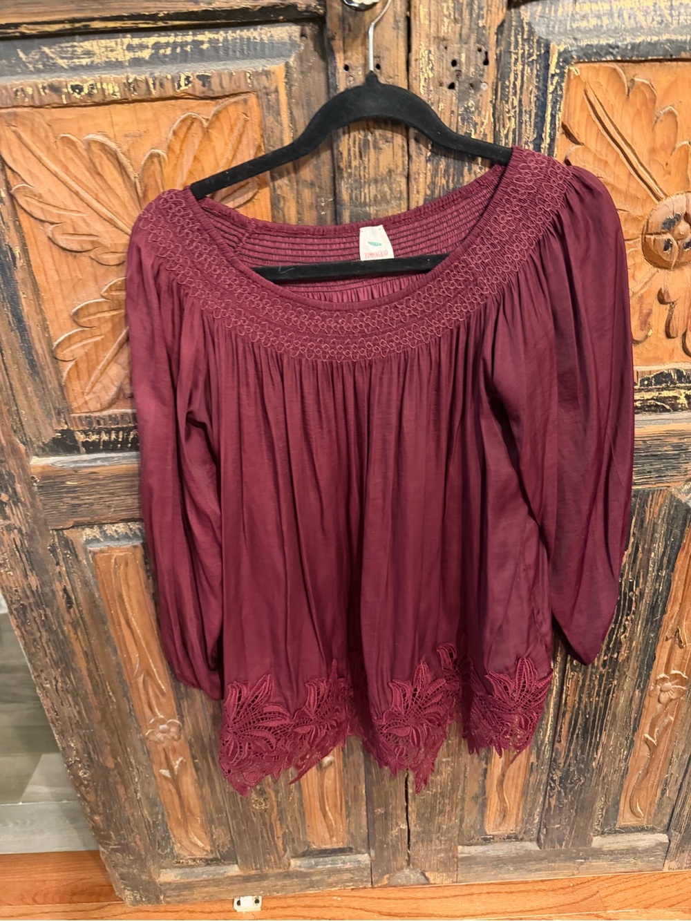 Hummingbird Burgundy Boho Lace-Hem Peasant Blouse